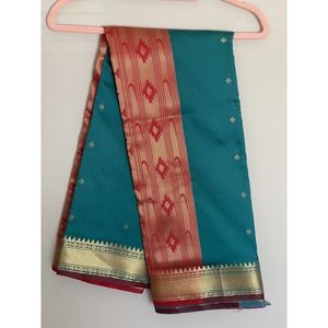 Sanskriti Sarees Multi Printed Pure Silk Sari Green Gold Red Fabric 232x45 Q17